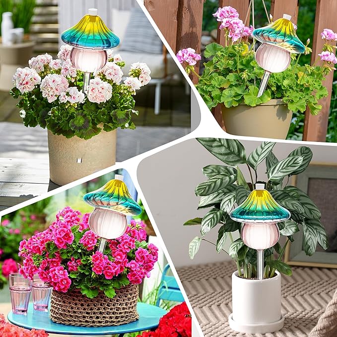 11 oz Large Plant Watering Globes, Mushroom Gradient Color Glass Watering Bulbs, Vacation Plant Watering Devices, Self Watering Globes - Self Watering Planter Insert for Travel (Large 2-Pack)