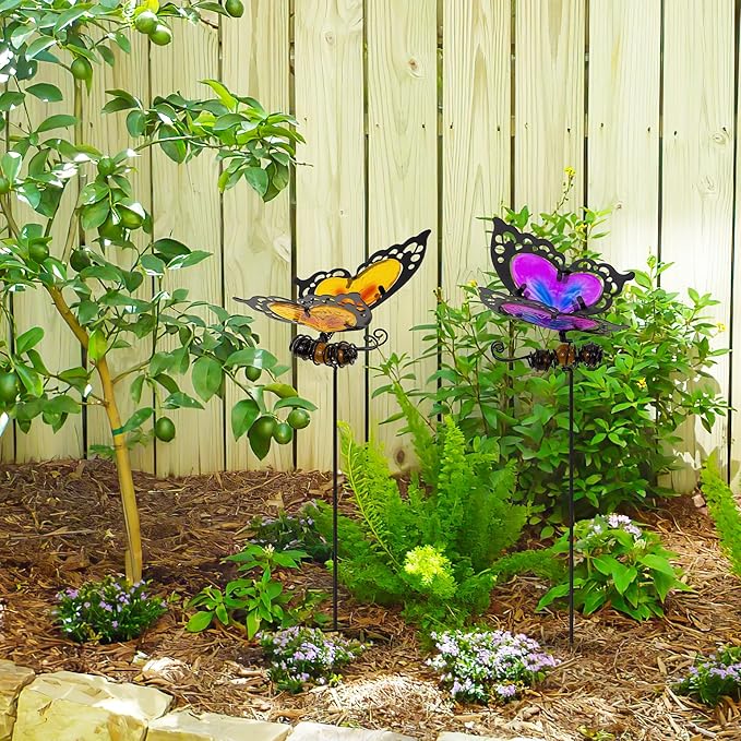 Butterfly Garden Stakes,Butterfly Kit Made of Glass and Metal,Colorful Butterflies Garden Decorations Can Make the Garden Full of Color and Vitality. (Yellow and Purple)