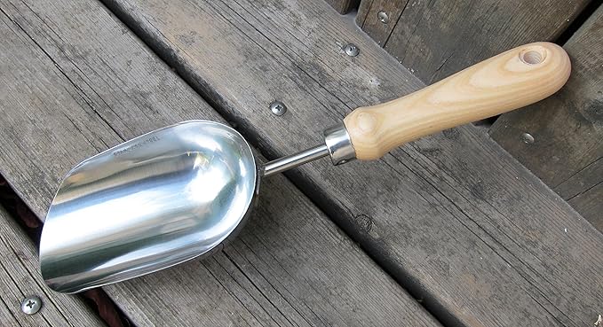 Stainless Soil Scoop 13-Inch, Stainless Steel Soil Fertilizer Food Scooping Trowel, Extra Large Capacity Composite Soil Scoop, Stainless Steel Blade Mirror Polishing - with Ash Wood Handle
