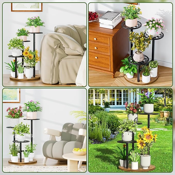 3 Tiered Tall Plant Stand, Tall Metal Wood Shelf Holder for Indoor Outdoor, Tiered Flower Stand for Corner Patio Balcony Porch Garden Living Room House