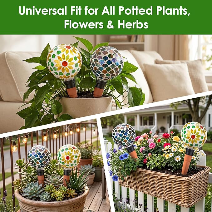 Plant Watering Globes Mosaic Self Watering Spikes 2 Pack for Indoor Outdoor Plants Automatic Plant Waterer Plant Watering Devices for Vacations Pot