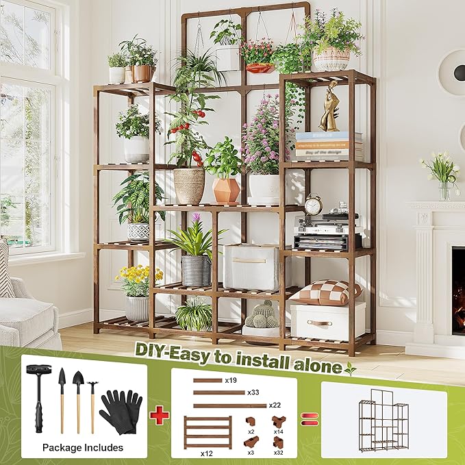 EnHomee Plant Stand Indoor Tall Plant Stand Outdoor Large Wood Plants Shelf with 16-18 Pots for Patio, Living Room, Garden, Balcony, 45" Wx62.1 Hx11.78 D
