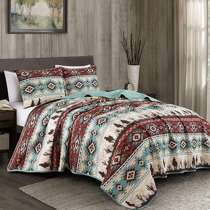 Chezmoi Collection Dune 3-Piece Southwestern Cowboys Aztec Quilt Set - Multicolor Teal Brown Beige Tan Red Printed Microfiber Bedspread Set, King (118" x 95")