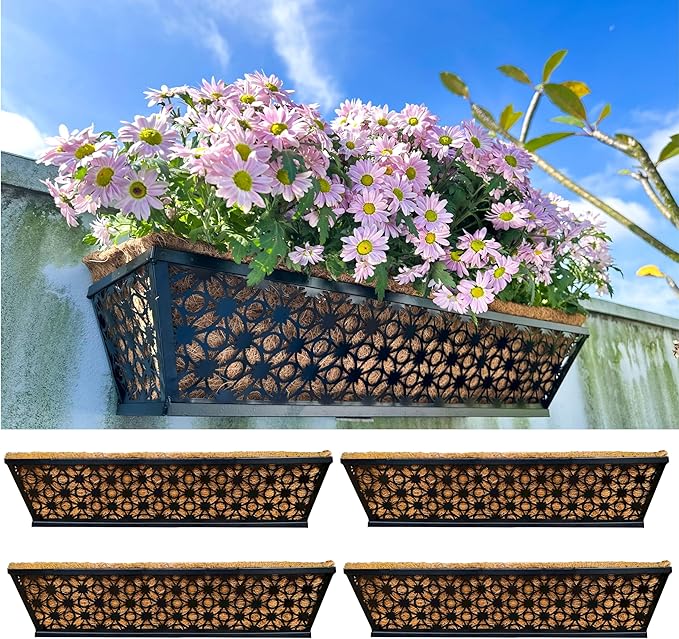 Maxona Window Boxes Planters to Attach to House, 4 Pack, 24 inch, Wall Planter for Outdoor Plants with Coco Liner, Black Metal Flower Basket Balcony Garden Fence Rail Railing Deck Patio Porch Décor