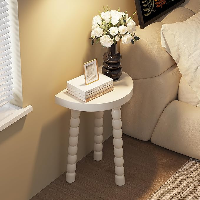 LitaEther Wooden Bobbin Side Table - Plant Stand - Half Round Table - Wooden Accent Stool- Minimalist Decorative Table for Bedroom, Hallway, Living Room (2, White)