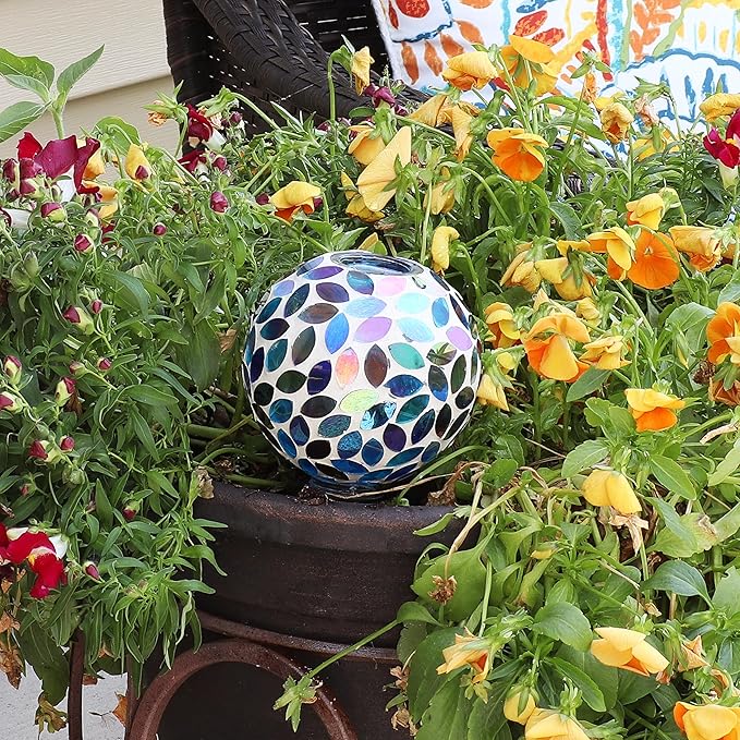 Sunnydaze Mosaic Glass Plant Watering Globe with Clay Spike - Decorative Self-Watering Planter Insert - Water Dripper for Plants - 9.5" - Spring Petals - Set of 24