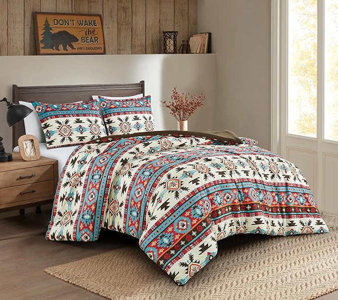 Chezmoi Collection Tona 3-Piece Southwestern Geometric Motif Comforter Set - Multicolor Red Brown Blue Cream Printed Washed Microfiber Bedding, Queen