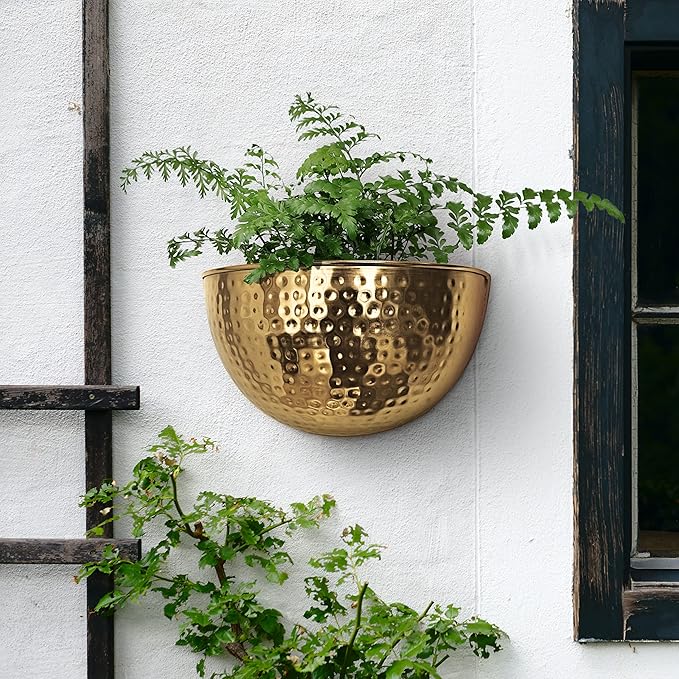 Allegorie Metal Wall Planter | Indoor or Outdoor Hanging Plant Pot | Farmhouse Decor & Boho Kitchen Decoration for Herbs & Succulents and Living Wall 12x7 (Gold)