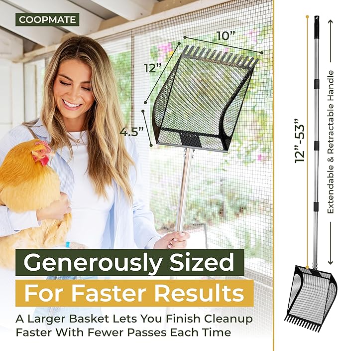 2-in-1 Chicken Coop Poop Scooper and Rake - Metal Sand Sifting Litter Scoop Shovel with Angled Basket and Micro-Sized Diamond Mesh to Catch the Smallest Farm Animal Droppings - Adjustable 12" to 53"