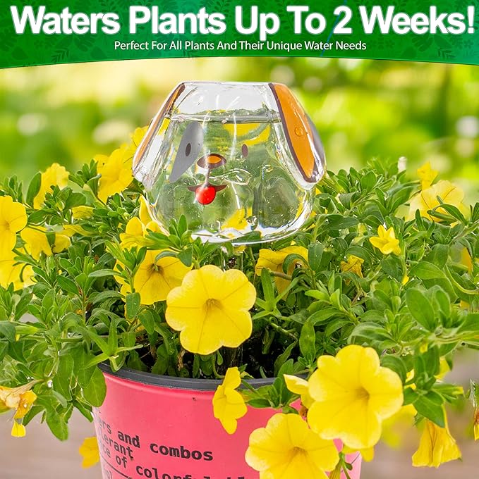 Aqua Glass Plant Watering Globes Automatic Self Watering Plant Insert Spike Orbs - Indoor Outdoor Plant Drip Irrigation - For Flowers, Herbs, Houseplants (Puppy Dog Globes, 4, Units)