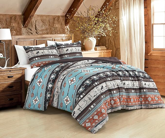 Chezmoi Collection Sawyer 2-Piece Southwestern Cowboys Rodeo Comforter Set - Multicolor Blue Brown Beige Clay Printed Washed Microfiber Bedding, Twin