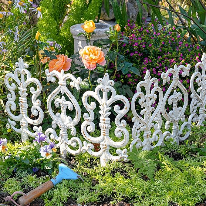 Sungmor Vintage Cast Iron Garden Stakes - 3PCS Ornate Metal Plant Stakes for Yard Art, Patio,Lawn Ornamentation,5.3inch Tall Antique White Finish,Exquisite Garden Decor