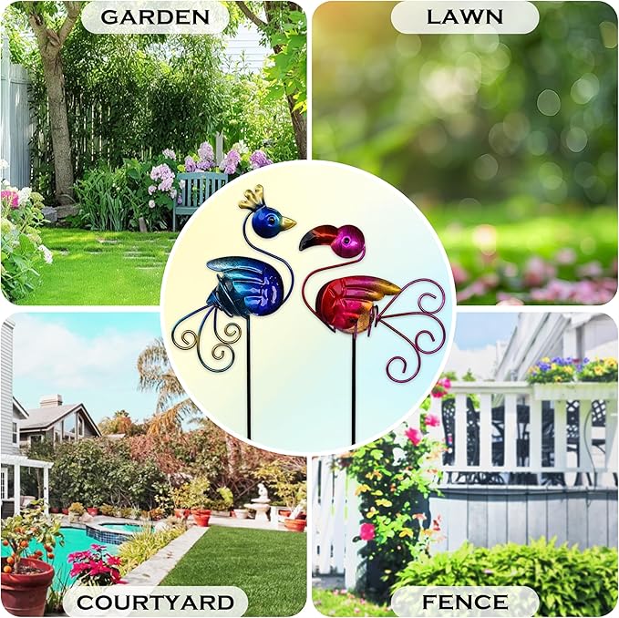 Garden Decor for Outside, Set of 2 Metal 16.5” Decorative Garden Stakes with Peacock Flamingo for Garden Decorations, Welcome Yard Sign Art Stakes for Outdoor Lawn Backyard Porch