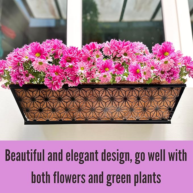 LaLaGreen Window Boxes Planter for Outdoor Plants (2 Pack, 24 Inch) Black Metal Rectangular Flower Pot Wall Planters with Coco Liner, Modern Stylish Horse Trough Deck Railing Rail Balcony Patio Fence