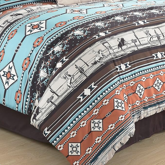 Chezmoi Collection Sawyer 3-Piece Southwestern Cowboys Rodeo Comforter Set - Multicolor Blue Brown Beige Clay Printed Washed Microfiber Bedding, King