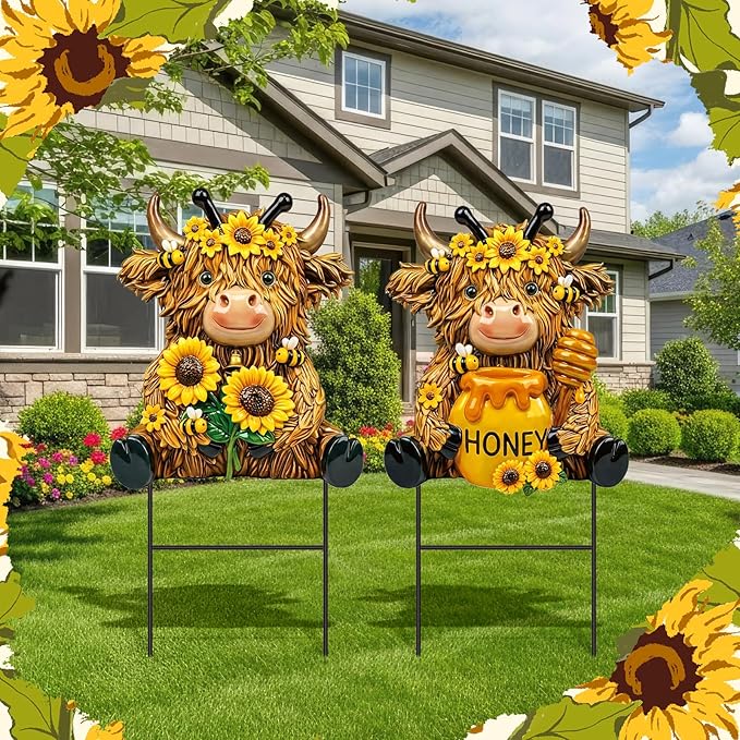 Amyhill 2 Pcs Highland Cow Outdoor Decor, Sunflower Bee Metal Garden Stakes, Honey Themed Yard Signs for Spring Summer, Patio Lawn Walkway Decorations, Cute Cow Gifts for Garden Lovers