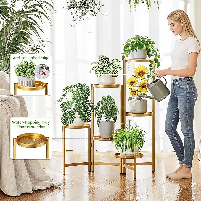 6 Tiered Plant Stand Indoor for Multiple Large Planter, Tall Heavy Duty Adjustable Folding Rack with Rustproof 7.9 Inch Wide Tray, Plant Shelf for Corner Living Room - GoldDisk