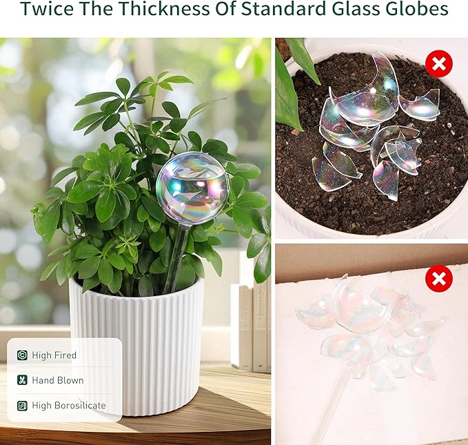 Soilagua Large Extra-Thick Clear Glass Plant Watering Globes, Rainbow Gradient Self Watering Devices for Indoor & Outdoor Plants, AutomaticWaterer Spikes, Perfect for Daily or Vacation Use, 2-Pack