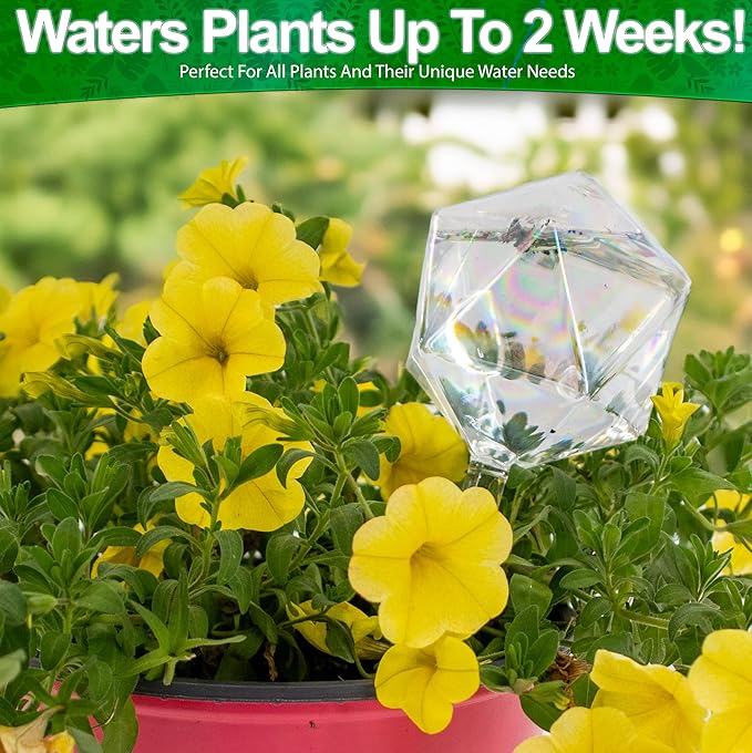 Aqua Glass Plant Watering Globes Automatic Self Watering Plant Insert Spike Orbs - Indoor Outdoor Plant Drip Irrigation - For Flowers, Herbs, Houseplants (Iridescent Diamond Globes, 4, Units)