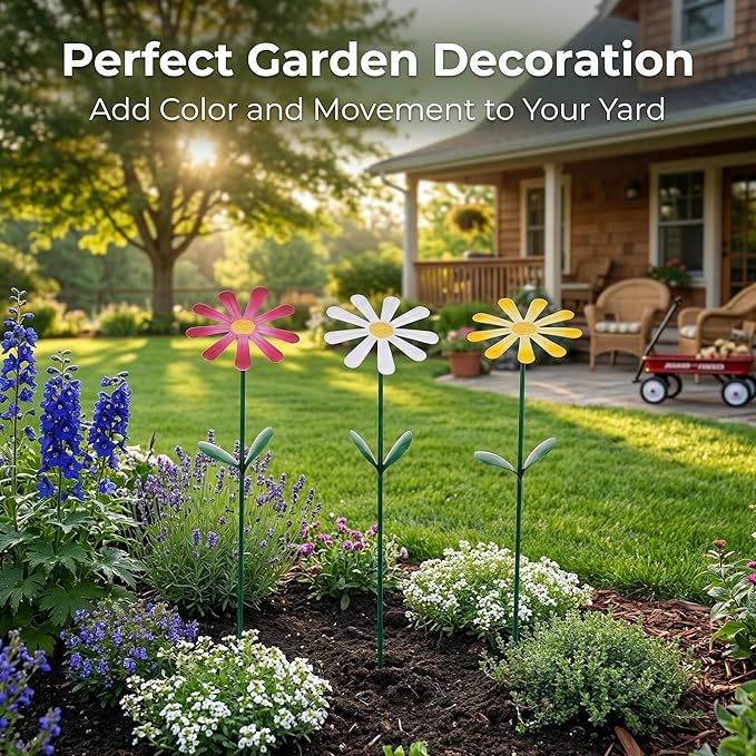 Topadorn Flower Garden Stake Decor, Outdoor Plant Pick Water Proof Metal Sunflower Daisy Stick for Lawn Yard Patio, Pathway Ornament, Set of 3