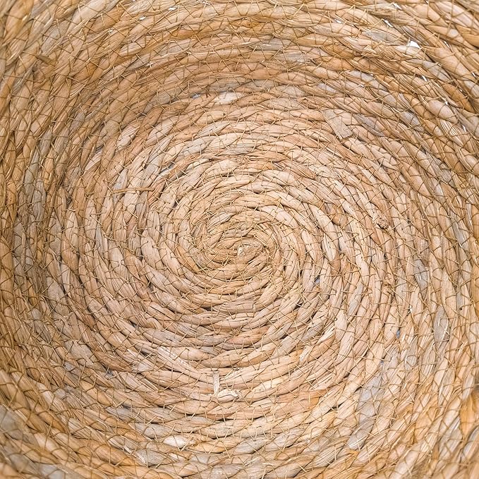 GIB Round Wicker Woven Seagrass Storage Baskets with Leather Handles Set of 3, Natural Decorative Braided Rope Wicker Baskets Bins for Shelves Blankets Organizing, 13", 12" & 11"