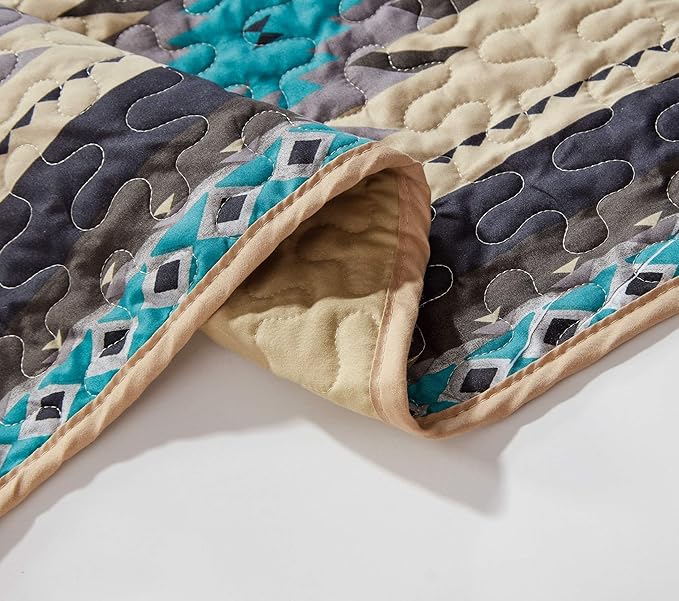 Chezmoi Collection 3-Piece Southwestern Geometric Tribal Quilt Set - Multicolor Teal Beige Black Gray Lightweight Quilted Bedspread Set, Queen (100" x 95")