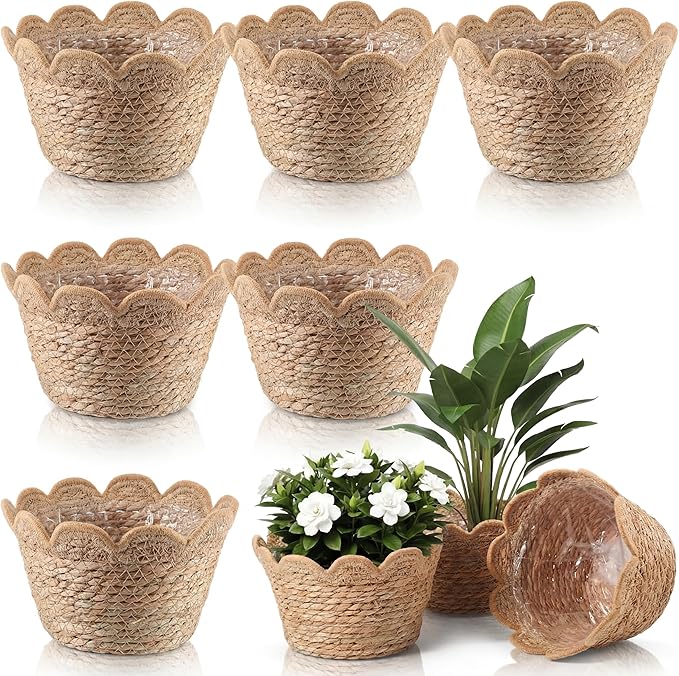 AceOrbit 6 Pcs Scalloped Seagrass Plant Basket with Plastic Liners Rattan Woven Plant Basket Wicker Planter for Indoor Outdoor Flower Pots Cover and Rustic Farmhouse Boho Room Decor (Medium)