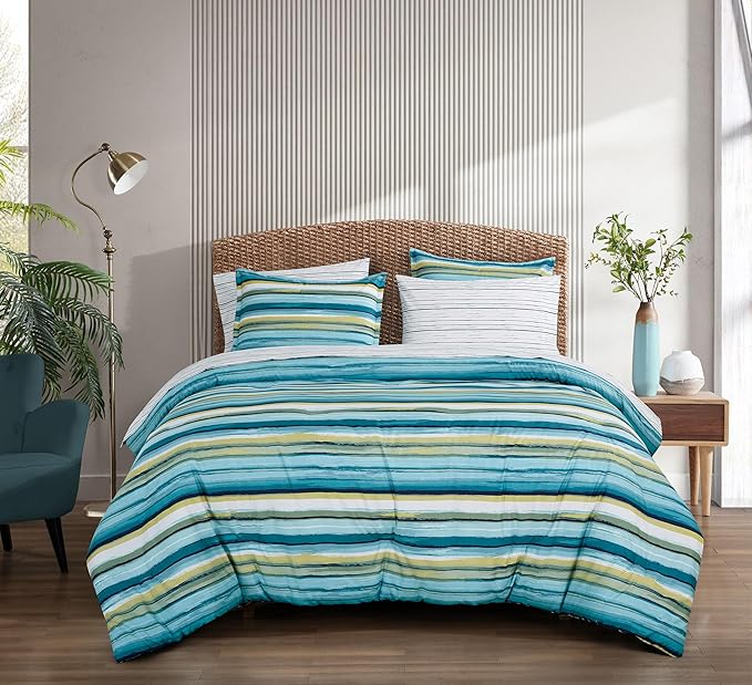 Chezmoi Collection Marvin 5-Piece Coastal Lodge Bed in a Bag Twin XL Comforter Set - Green Blue White Striped Printed Microfiber Bedding Set
