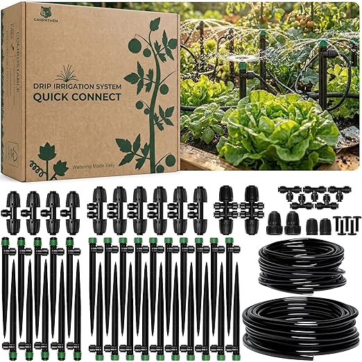 CARPATHEN Drip Irrigation System Kit - Complete Quick Connect Garden Watering System with Adjustable Sprinkler Emitters, 5/16" & 1/4" Tubing - Drip Line for Raised Beds, Greenhouse