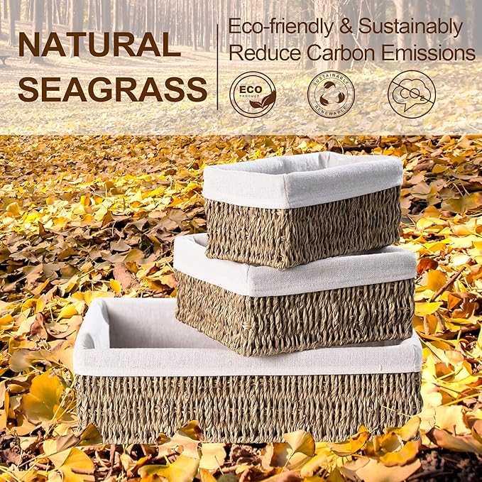 FairyHaus Seagrass Storage Baskets with Liner, Natural Small Seagrass Baskets, Hand-woven Nesting Wicker Baskets Set for Shelves Rectangle 3Pack (L+M+S)