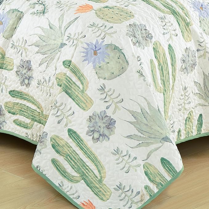Chezmoi Collection Gregory 2-Piece Southwestern Serene Desert Quilt Set - Green Blue Cactus Succulent Plant Printed Microfiber Lightweight Quilted Bedspread Set, Twin (70" x 90")