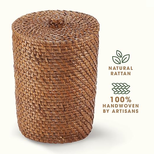 84ECO Brown Wicker Trash Can with Lid and Liner - Rattan Trash Can