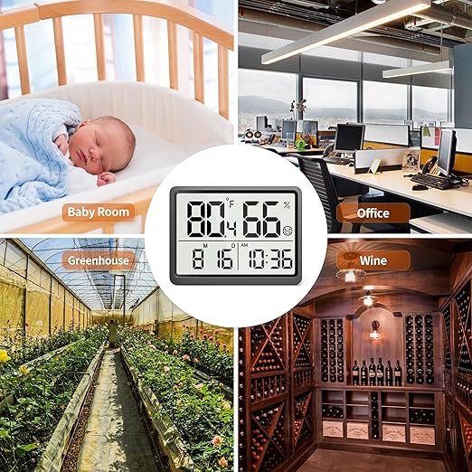 DOOMAY Digital Room Thermometer and Humidity Monitor with Calibration,High Accuracy Sensor Indoor Hygrometer with Date & Clock Desktop Magnet Sticky for Baby Room Greenhouse Guitar(Black)