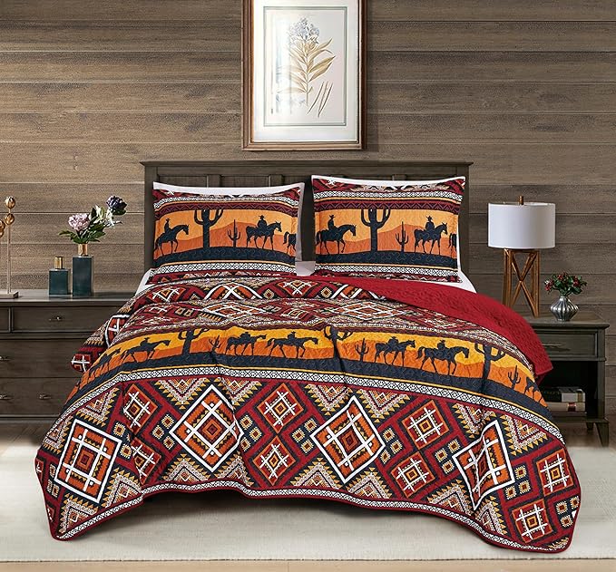 Chezmoi Collection Rodeo 2-Piece Southwestern Sunset Cowboys Quilt Set Twin - Multicolor Red Orange Black White Printed Microfiber Lightweight Bedspread Set for All Season