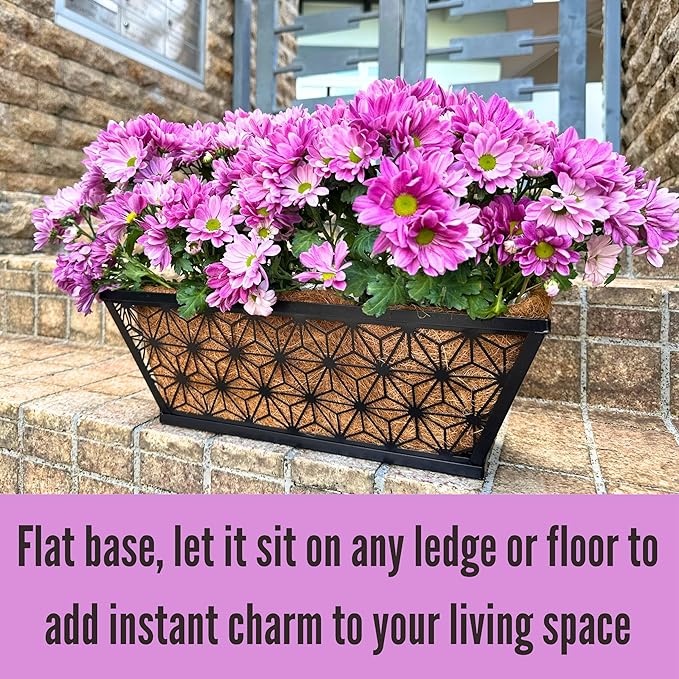 LaLaGreen Window Boxes Planter for Outdoor Plants (2 Pack, 16 Inch) Black Metal Basket Flower Pot Rectangular Wall Planters with Coco Liner, Horse Trough Deck Railing Balcony Modern Garden Fence Patio
