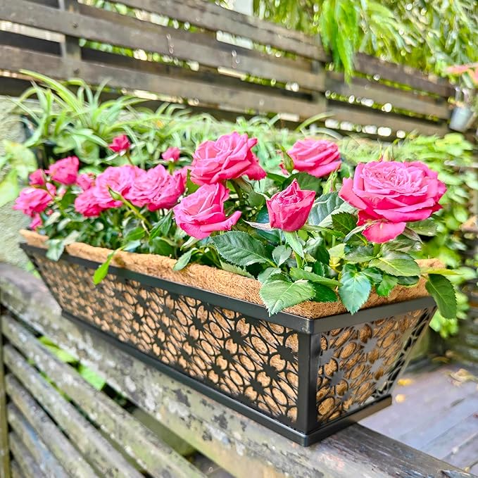 Maxona Window Boxes Planters to Attach to House, 4 Pack, 24 inch, Wall Planter for Outdoor Plants with Coco Liner, Black Metal Flower Basket Balcony Garden Fence Rail Railing Deck Patio Porch Décor