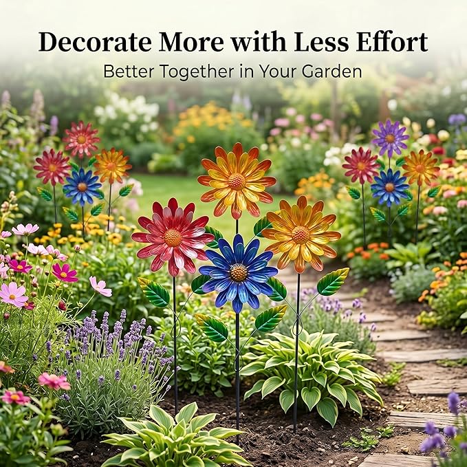 Garden Stakes Decorative, Metal Flowers for Outside, Glow in Dark Yard Lawn Ornaments Plant Pot Flower Bed Decor, Patio, Set of 3, Purple Yellow Red