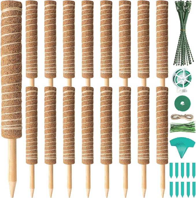 16 Pack Moss Pole for Plants Monstera 264 Inch Bendable Plant Pole Sticks Support Extension with Ropes Labels Tapes Tie Strap Locking Straps Green Twist Ties for Indoor Climbing Creepers