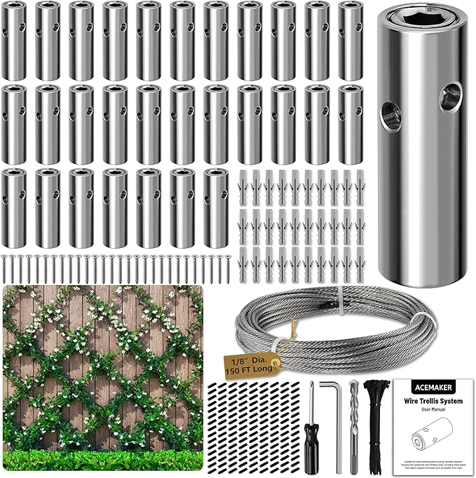 Wire Trellis for Climbing Plants Outdoor, 30-Set Wall Wire Trellis Kit with 1/8in x 150ft Stainless Steel Cable, T316 Cylindrical Espalier System for Fence and Garden DIY Projects
