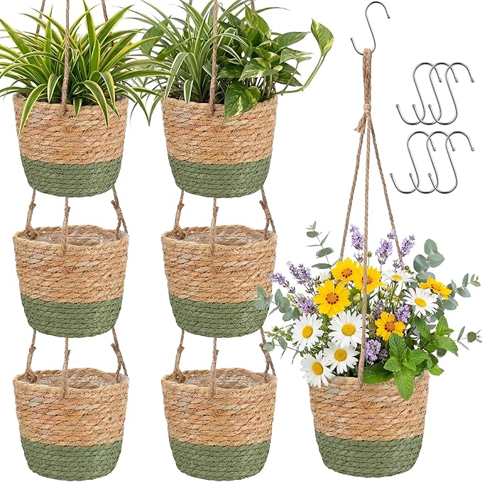 6 Pcs Seagrass Hanging Planter Basket Hand Woven Plant Basket with Plastic Liners Hanging Plant Holder Storage Containers with Cotton Rope for Indoor Garden Decor (Small,Brown,Green)