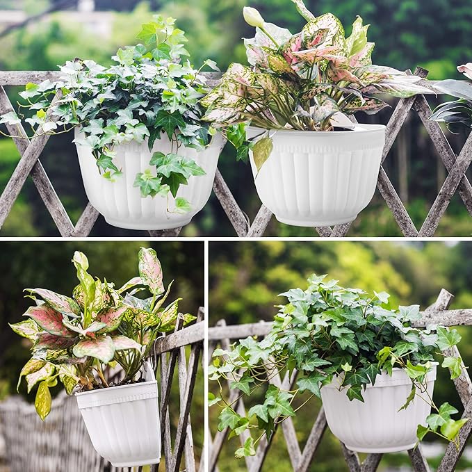 6 Pcs Plastic Large Wall Plant Pots Vertical Garden Living Wall Mounted Window Hanging Basket Fence Planters Indoor Outdoor for Plants Flowers Kitchen Herbs Holder with Drainage Decor White