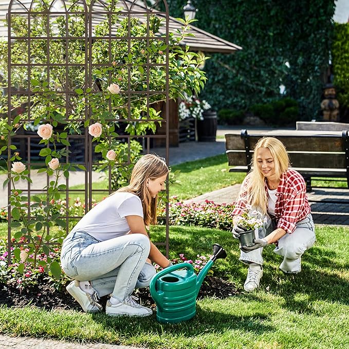 LZRS 2 Pack 83x20in Rustic Iron Arch Decoration Garden Trellis with Black Metal Coating – Perfect for Supporting Climbing Plants Outdoor, Roses, Vines, Flowers, and Vegetables,Brown