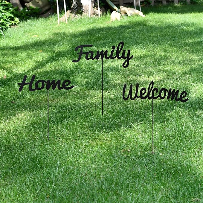 Metal Letters Garden Stakes Yard Art Word Sign Lawn Decoration Indoor Outdoor Plant Pot Decor Decorative Stick for Patio Pathway Flower Bed (home family welcome)