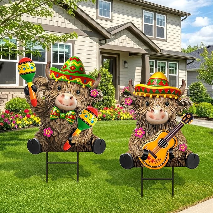 Amyhill 2 Pcs Cinco De Mayo Highland Cow Garden Stakes, Mexican Fiesta Metal Outdoor Decor, Western Cowboy Welcome Yard Signs for Patio, Lawn, Walkway, Garden, Cinco De Mayo Party Decorations
