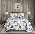 Chezmoi Collection Denver 3-Piece Southwestern Lodge Quilt Set Queen - White Black Gray Grizzly Bear Wolves Moose Pine Tree Mountain Printed Microfiber Lightweight Bedspread Set for All Season