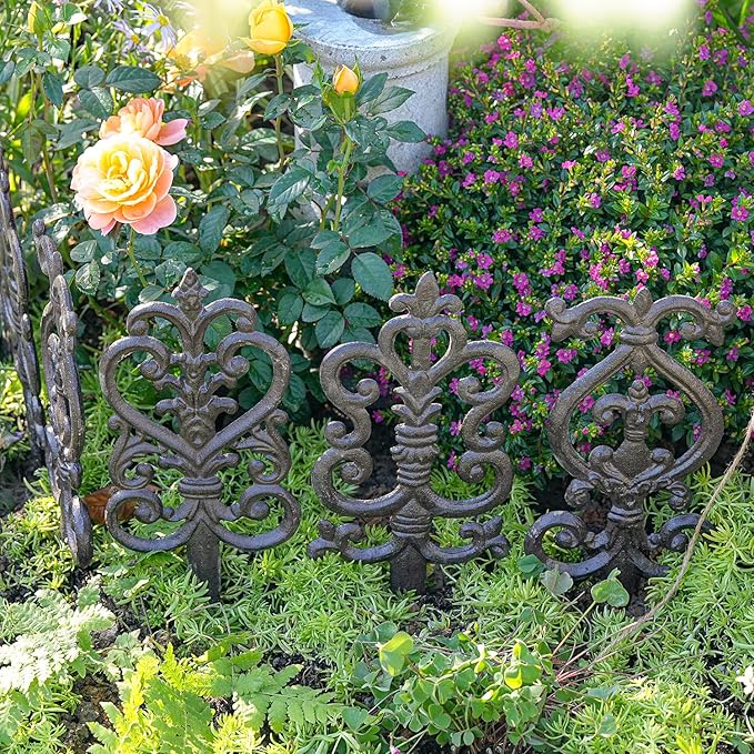 Sungmor Vintage Cast Iron Garden Stakes - 3PCS Ornate Metal Plant Stakes for Yard Art, Patio,Lawn Ornamentation,5.3inch Tall Antique Black Finish,Exquisite Garden Decor