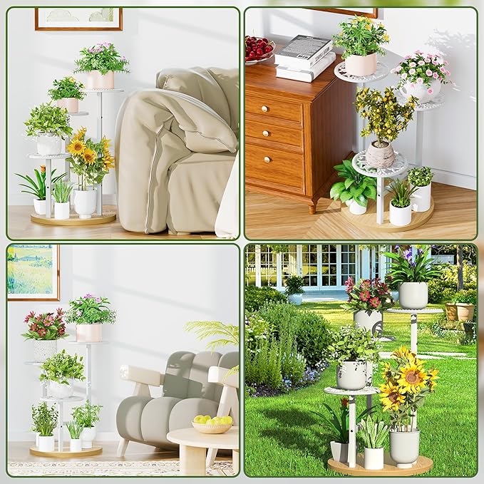 3 Tier Plant Stand Indoor Outdoor, Tall Metal Wood Shelf Corner Flower Pot Tiered Flower Pot Stands for Patio Garden Balcony Living Room Bedroom