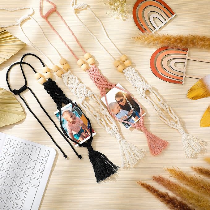 JenPen 4 Pcs Car Picture Hanger Frames Macrame Holder for Car Photo Display Bohemian Hanging Accessories Rearview Mirror Pendant Ornaments Boho Wall Decor