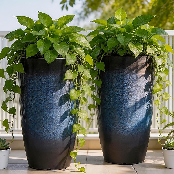 Autodaya 23.8" Large Tall Planters Set of 2 Plant Pot Plastic Flower Pots Outdoor Gradient Cobalt Blue Finish Front Porch Decor Pot Weather-Resistant & Lightweight for Garden, Patio, Deck, Indoor