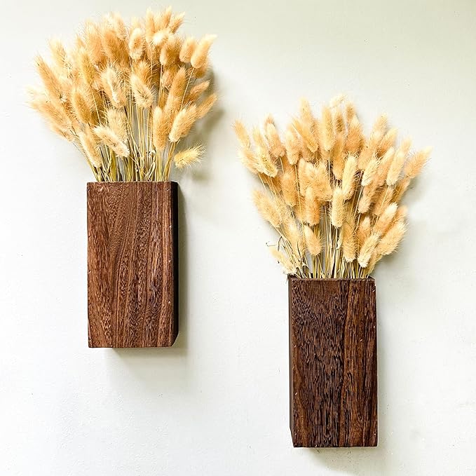 LaLaGreen Wood Wall Planters (8 Inch, 2 Pack) Include Bunny Tails Dried Flowers, Hanging Planter Wooden Box Vase for Indoor Modern Rustic Farmhouse Decor Home Living Room Bathroom Trendy Decoration